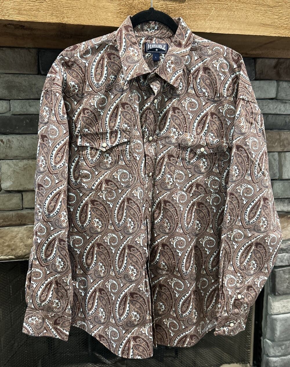 Men’s PANHANDLE Brown Paisley Long Sleeve Pearl Snap Shirt L *A3